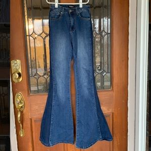 Two tone high rise flare jeans